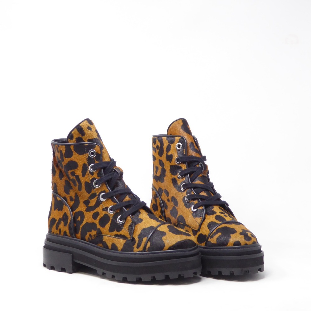 NEW Schutz Maylova Women Combat Boots Brown Leopard Print Calf Hair Size 6B